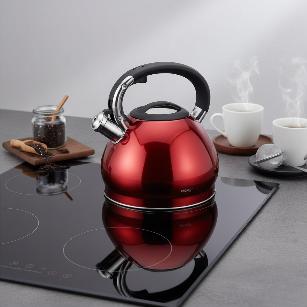 King Hoff KH-1212 Fluitketel 3,4 L – RVS Metallic Rood – Theeketel Inductie & Alle Warmtebronnen