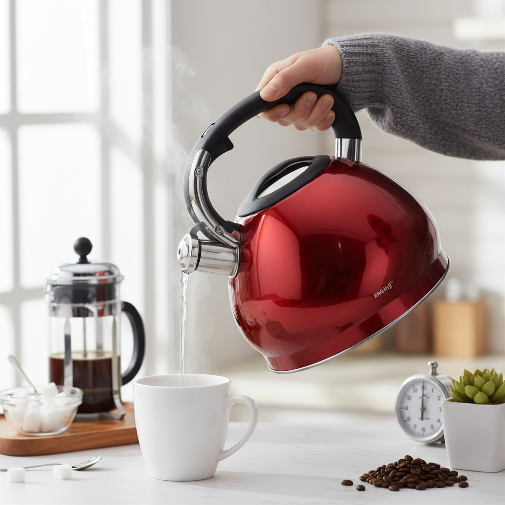 King Hoff KH-1212 Fluitketel 3,4 L – RVS Metallic Rood – Theeketel Inductie & Alle Warmtebronnen