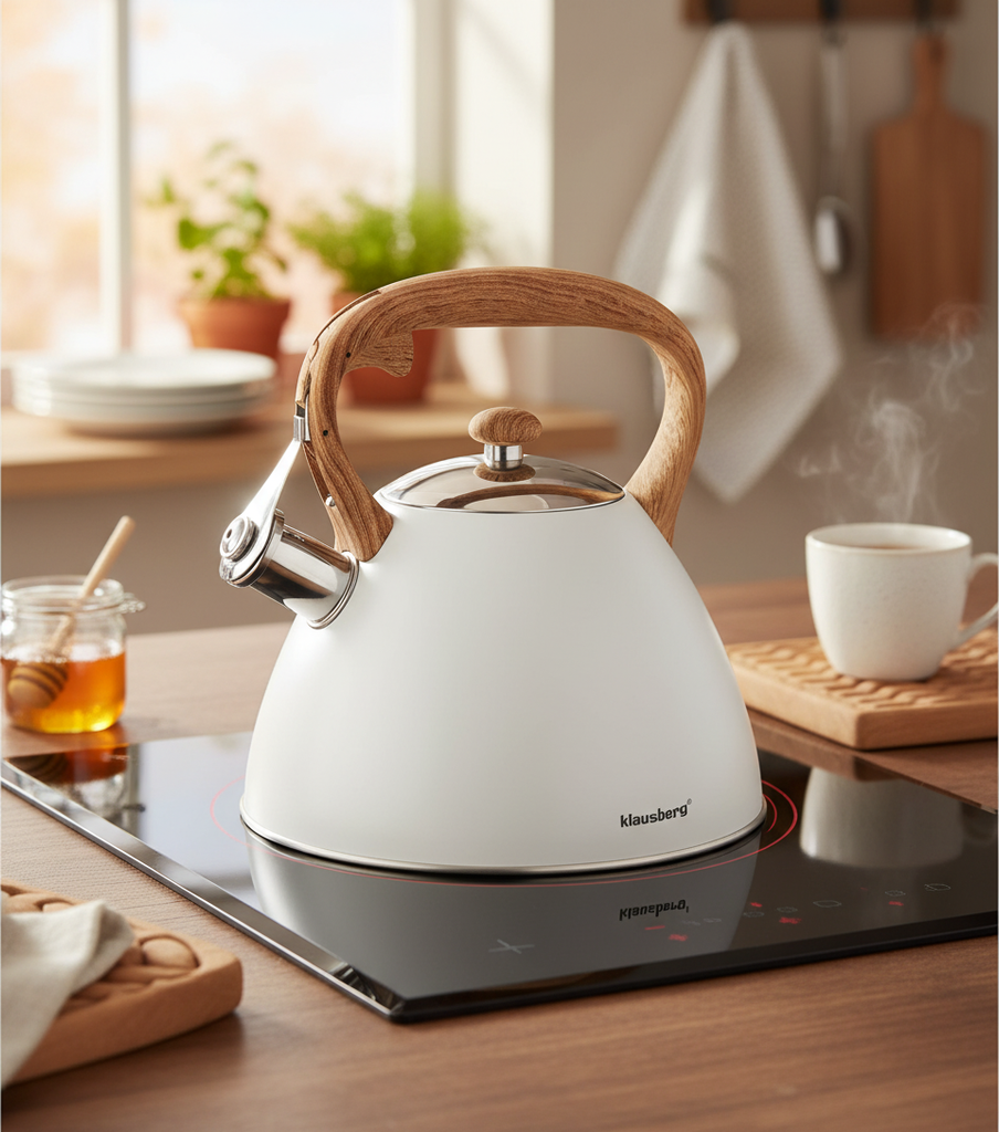Klausberg KB-7264 Fluitketel 3L – RVS Mat Lichtgrijs met Houtlook Handvat – Inductie & Alle Warmtebronnen