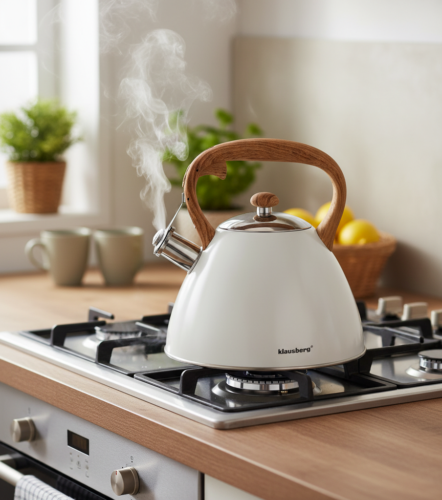 Klausberg KB-7264 Fluitketel 3L – RVS Mat Lichtgrijs met Houtlook Handvat – Inductie & Alle Warmtebronnen