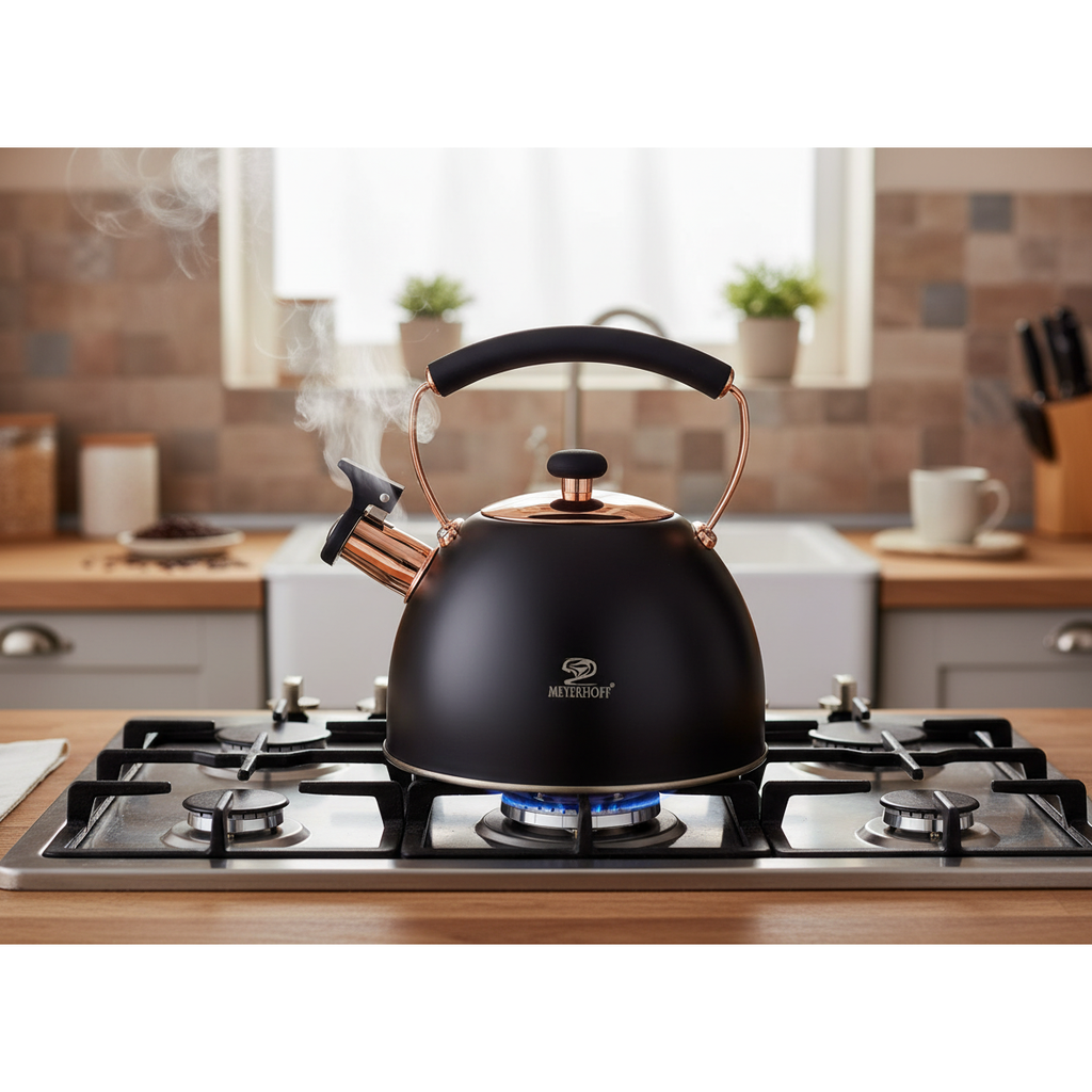 Meyerhoff RVS Fluitketel 2,5L – Mat Zwart met Koperaccenten – Inductie Fluitketel – Voor Alle Warmtebronnen – Met Fluitje