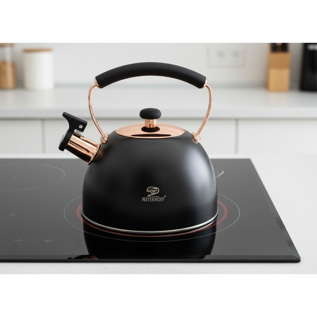 Meyerhoff RVS Fluitketel 2,5L – Mat Zwart met Koperaccenten – Inductie Fluitketel – Voor Alle Warmtebronnen – Met Fluitje