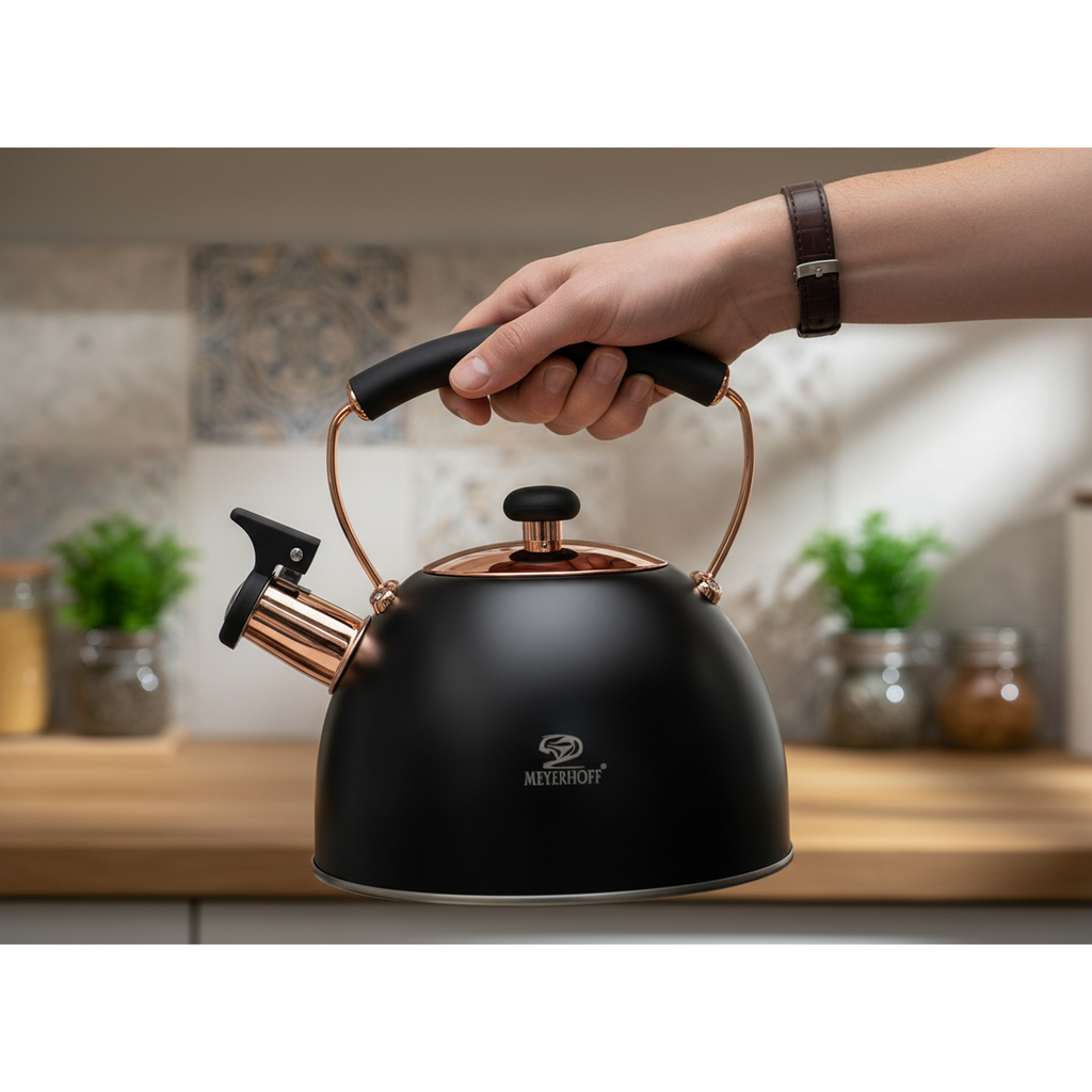Meyerhoff RVS Fluitketel 2,5L – Mat Zwart met Koperaccenten – Inductie Fluitketel – Voor Alle Warmtebronnen – Met Fluitje