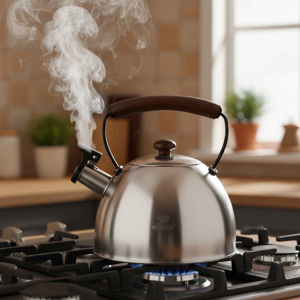 Meyerhoff RVS Fluitketel 2,5L – Geborsteld Zilver – Houten Handvat – Geschikt voor Inductie & Alle Kookplaten