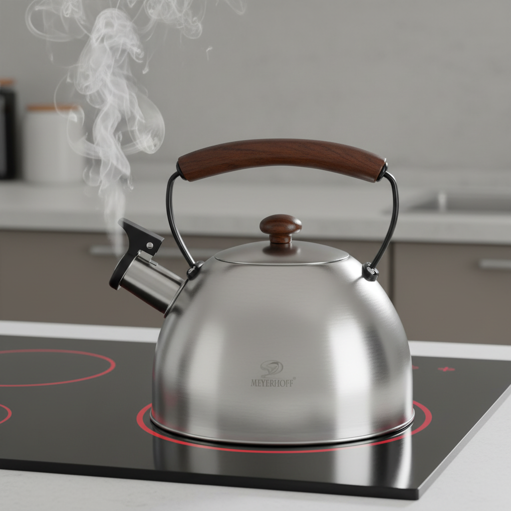 Meyerhoff RVS Fluitketel 2,5L – Geborsteld Zilver – Houten Handvat – Geschikt voor Inductie & Alle Kookplaten