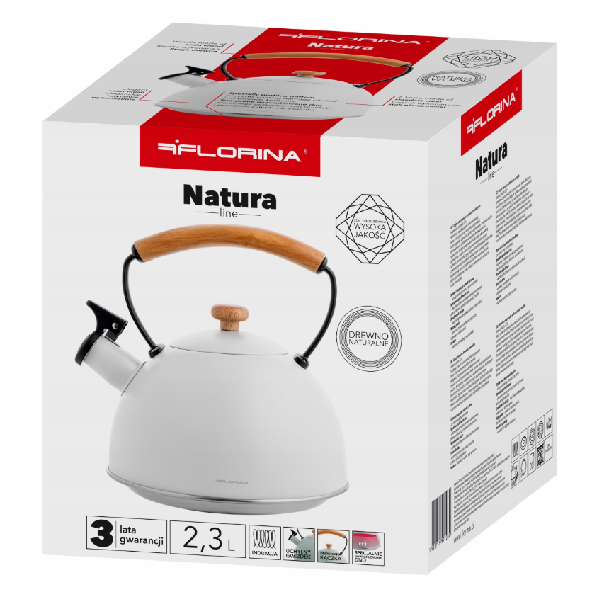 Florina Natura Line fluitketel RVS mat wit 2.3 Liter - ook geschikt voor inductie